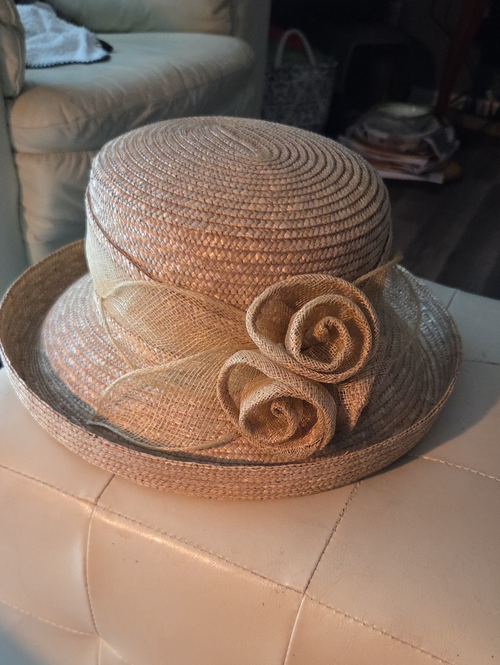 Betmar Natural Straw Rolled Brim Hat with Rosette - Picture 3 of 4